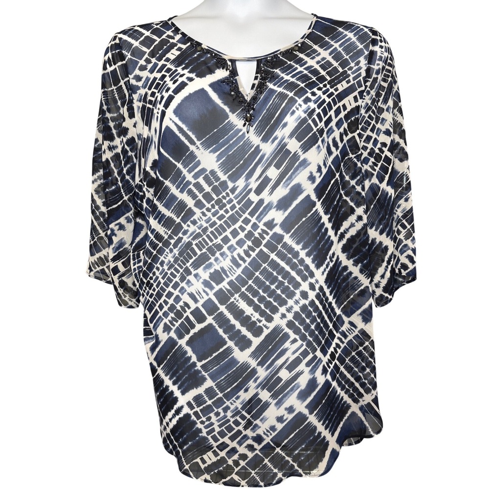 Susan Graver Womens Blue White Geometric Print Beaded Sheer Tunic Top Size 18W